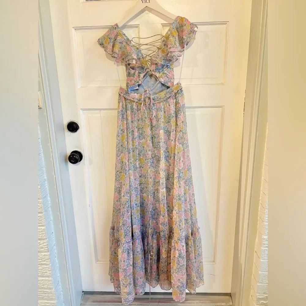 New ASTER the label revolve Primrose Floral Strappy Back Maxi Dress blue pink - Picture 6 of 10